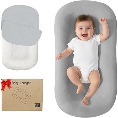 Lucakuins Baby Lounger, Bionic Design Baby Lounger for Newborn 0-24 Months, Soft Organic Cotton Breathable Lounger for Infants (Grey Newborn Lounger)