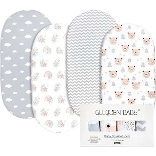 Gllquen Baby Bassinet Sheets 4 Pack, Breathable Cozy Fitted Mattress Sheet, Elastic Travel Crib Fashionable Floral Pattern, Standard Cradle Safe Sheets for Baby Boy Girls 32"X16"(Rainbow)
