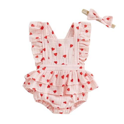 FEIBEL Baby Girls Flutter Sleeve Ruffles Layered Romper Dress Cute Patterns Printed Holiday Outfit with Headband