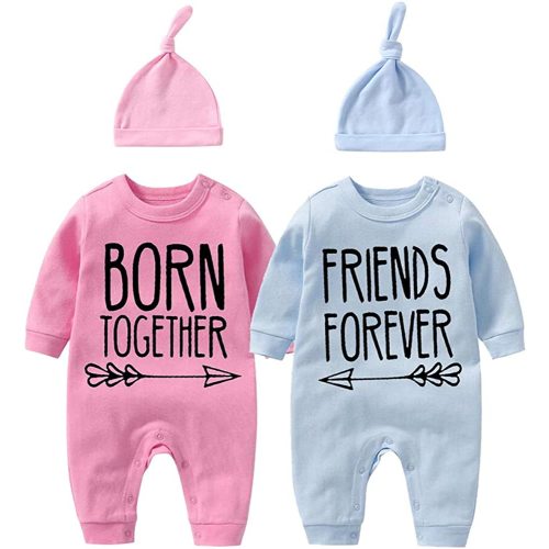 YSCULBUTOL Baby Twins Bodysuit with hat Born Together Friend Forever Baby boy Clothes Toddler Girl Clothes