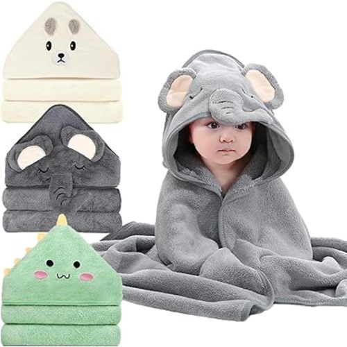 3 Pack Hooded Baby Towels - Premium Ultra Soft Organic Baby Bath Towel – Absorbent and Hypoallergenic Towels for Baby Boy Girl, Toddler, Newborn Essentials (3 Pack, Gray, White, Blue)