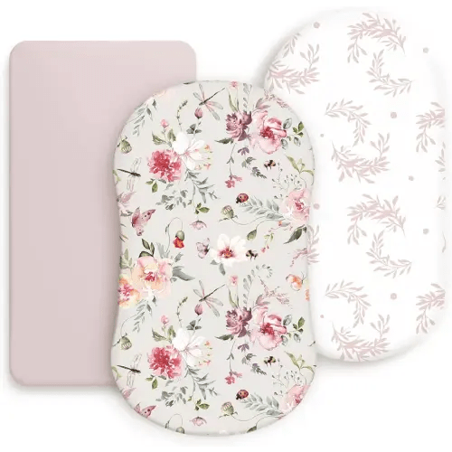 Stretch Ultra Soft Fitted Bassinet Sheet Set 3 Pack, Universal Fit for Bassinets Baby Cradle Moses Basket Oval Rectangle Mattress Safe and Snug, Beautiful Flowers and Insects Pattern for Baby Girls