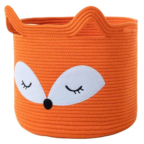 VK VK·LIVING Fox Toy Basket Cotton Rope Animal Baskets Orange Laundry Hamper for Toys, Clothes,Gifts,Towels, Blankets, Empty Gift Basket for Organizing with Handles 15''x14''