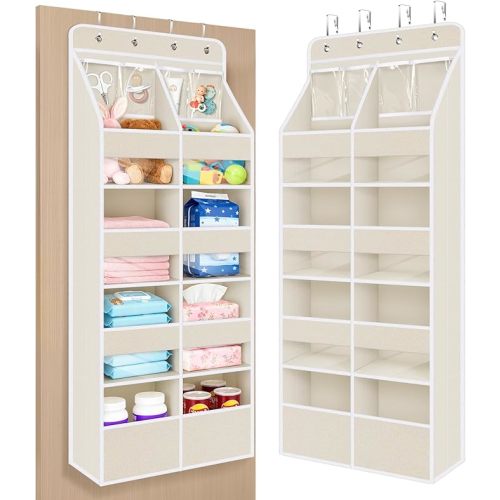 Univivi 5-Shelf Fabric Baby Door Storage Over Door Hanging Organizer with 8 Deep Pockets and 4 Small PVC Pockets Wall Mount Hanging Storage Organizers for Baby Essential (Beige)
