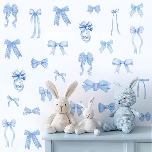 100 Pcs Bow Wall Sticker Decor Watercolor Kids Baby Room Wall Decal Peel and Stick Light Blue Bow Wall Decals for Boys Girls Bedroom DIY Aesthetic Polka Dot Coquette Art Murals for Nursery Home Decor