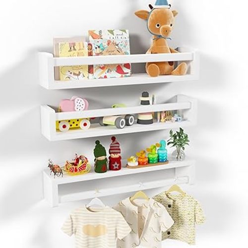 Nursery Floating Shelves, White Nursery Book Shelves for Wall, 24 inch Wall Bookshelf for Kids Solid Wood Wall Mounted Shelves for Books,Toys and Decor Storage, Set of 3