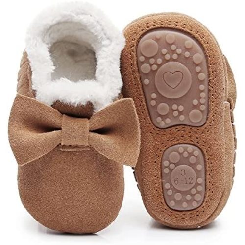 HONGTEYA Baby Moccasins with Fur Fleece Rubber Soles Warm Snow Boots Leather Baby Shoes for Boys Girls…