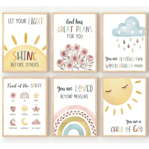 6Pcs Christian Nursery Canvas Wall Art Bible Verse Boho Painting Picture Wall Decor Poster Print Artwork for Baby Room Boy Room Girl Room Home Decoration