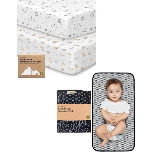 KeaBbaies 2-Pack Waterproof Crib Sheets and Portable Diaper Changing Pad - Cotton 52X28 Neutral Fitted Crib Protector Sheets - Waterproof Foldable Baby Changing Mat