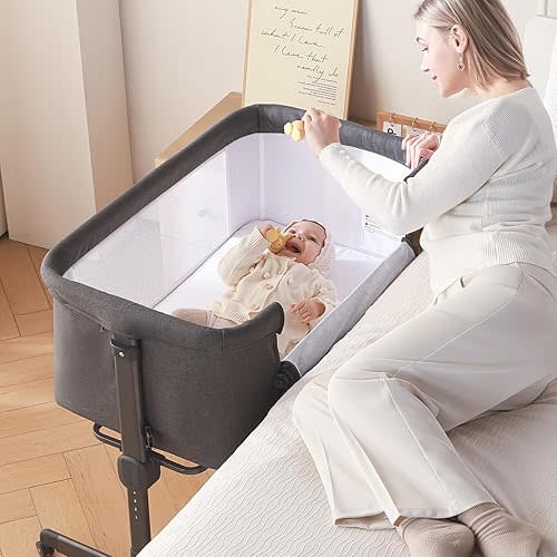 Larex Baby Bassinet, 3 in 1 Bedside Bassinet for Baby, Portable Crib with Comfy Mattress and Wheels, 7 Height Adjustable Easy Folding Bassinet Bedside Sleeper for Newborn Dark Grey