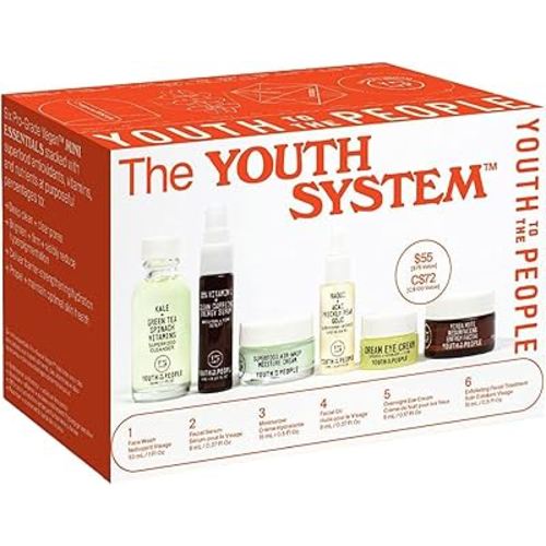 Youth To The People The Youth System Set, 6-Pc Superfood Antioxidant Skincare Giftset, Mini Travel Essentials with Cleanser, Face Oil, Moisturizer, Serum, Facial Mask, and Eye Cream, All Skin Types