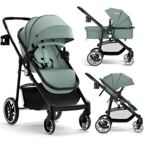 OLAKIDS 2 in 1 Baby Stroller, High Landscape Infant Stroller and Reversible Bassinet Pram, Foldable Pushchair with Adjustable Canopy, Cup Holder, Storage Basket, Suspension Wheels (Green)