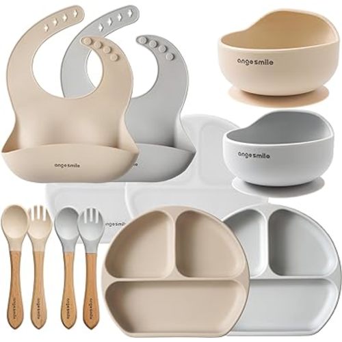 Baby Feeding Essentials Silicone Ange Smile 12 Set Bib, Baby Bowl, Suction Plate, Spoon, Fork Eating Utensils for 6+ Months Kids Toddler Kawaii