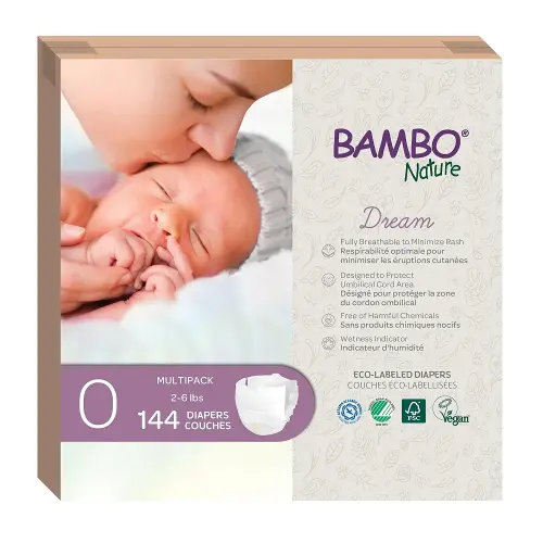 Bambo Nature Hypoallergenic Dream Baby Diapers, Premium Eco-Labeled Sustainable Diapers, Enhanced Leakage Protection, Totally Chlorine-Free, Skin Friendly, and Super Absorbent - Size 0 (144 Count)