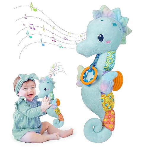 Musical Seahorse Stuffed Animal Sensory Toy with Rattles and Crinkle Sound for Infants 0-12 Months
