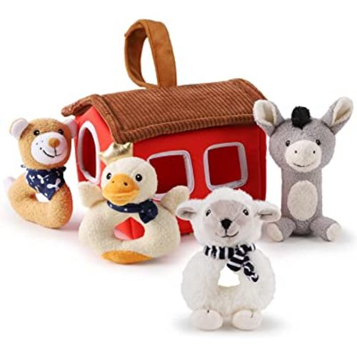 iPlay, iLearn Plush Baby Rattle Toys, Newborn Soft Barn Farm Stuffed Animal Set, Infant Hand Sensory Development, Girls Boys Stuff, Easter Birthday Shower Gift Basket Stuffer 3 6 9 12 Month 1 Year Old