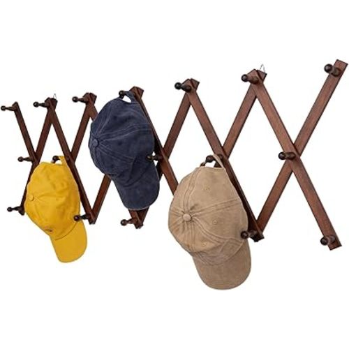 Hat Rack for Wall, Expandable Wall Hat Holder with 16 Hooks, 16 inch Wooden Wall Hook for Baseball Caps,Cowboy, Bag,Hoodie(Brown)
