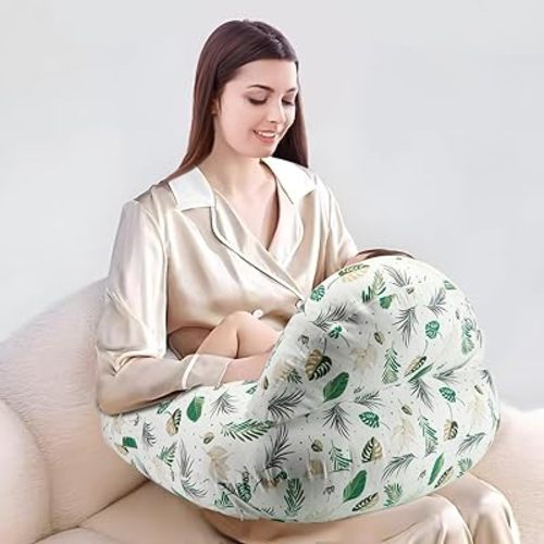 PandaEar Nursing Pillow, Green Leaves，Wider Feeding Pillows for Breastfeeding, with Adjustable Waist Strap & Removable Cotton Cover