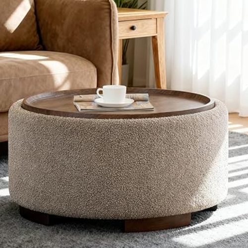 29.5 Inch Round Storage Ottoman Coffee Table,Modern Circle Coffee Table with Storage with Removable Lid Top and Solid Wood Legs,Large Round Ottoman for Bedroom,Living Room,Teddy Fleece,Brown