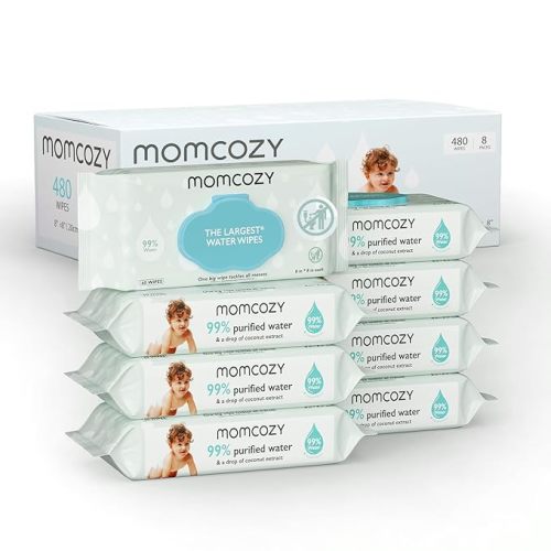 Baby Wipes, Momcozy Water Wipes-Extra Large Size Design, 99% Water Based Wipes, Unscented & Hypoallergenic, Cleansing & Moisturizing Baby Wipes for Sensitive Skin, 8 Flip-Top Packs (480 Wipes Total)