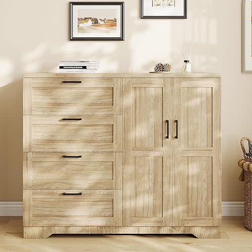 GarveeHome Multifunctional Wooden Dresser for Bedroom, 43.3'' H 2 Door Wardrobe Armoire Closet with 4 Drawers and Hanging Rod, Low Storage Cabinet for Hanging Cloth, Natural Oak