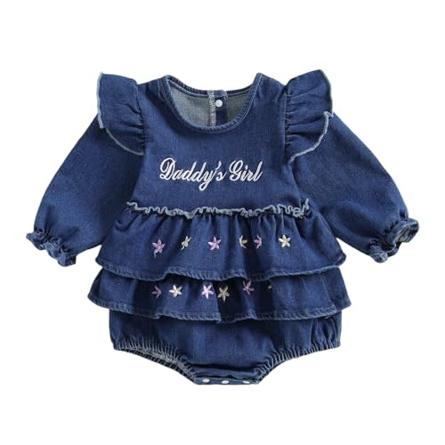 RSRZRCJ Newborn Baby Girl Clothes Daddy’s Girl Floral Embroidery Ruffle Long Sleeve Denim Romper Bodysuit Fall Winter Outfit
