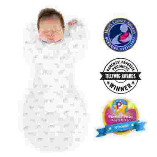 Amazing Baby Transitional Swaddle Sack with Arms Up Half-Length Sleeves and Mitten Cuffs, Better Sleep for Baby Boy, Tiny Elephants, Blue, Small, 0-3 Mo, 6-14 lbs