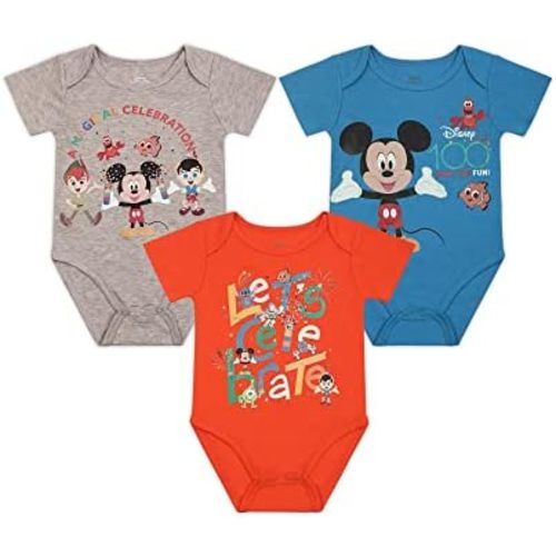 Disney Mickey Mouse Baby Boys 3 Pack Bodysuits for Newborn and Infants – Blue/Orange/Grey