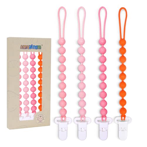 One Piece Design Silicone Pacifier Clip Holder,Pack of 4 Flexible Paci Leash,Binky Clips with Textures for Baby Boys and Girls,Newborn Essential (Pink)