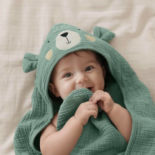 Blissful Diary Muslin Baby Hooded Towel, Soft and Absorbent Bath Towel for Newborn, Infant, Toddler, Unisex, 32″x32″ - Smart Bear
