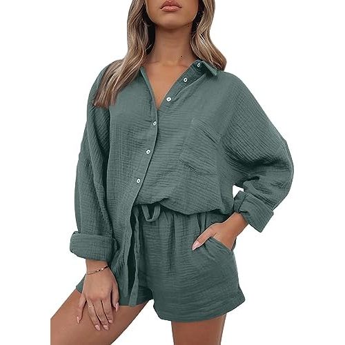 AUTOMET 2 Piece Sets For Women Lounge Wear Matching Two Piece Pajama Fashion Oversized Shirts And Shorts Spring Outfit 2025