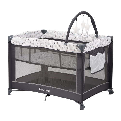Pamo Babe Portable Playard,Sturdy Play Yard with Padded Mat and Toy Bar with Soft Toys for Newborn(Grey) - Walmart.ca