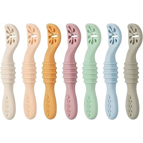 PandaEar 7 Pack Baby Spoons, Soft Silicone Self-Feeding Utensils for Babies & Toddlers, BPA-Free Silicone First Stage Training Spoon with Easy-Grip Handle