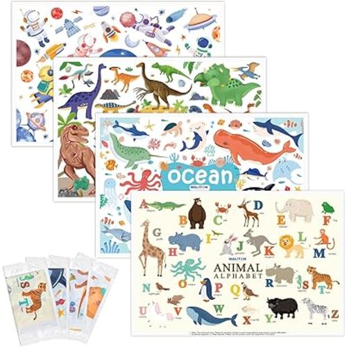 Disposable Placemats for Baby & Toddlers, Disposable Baby Placemats for Restaurants, Travel, Disposable Stick on Placemats with 4 Designs, Disposable Table Mats for Kids (Individual Package)
