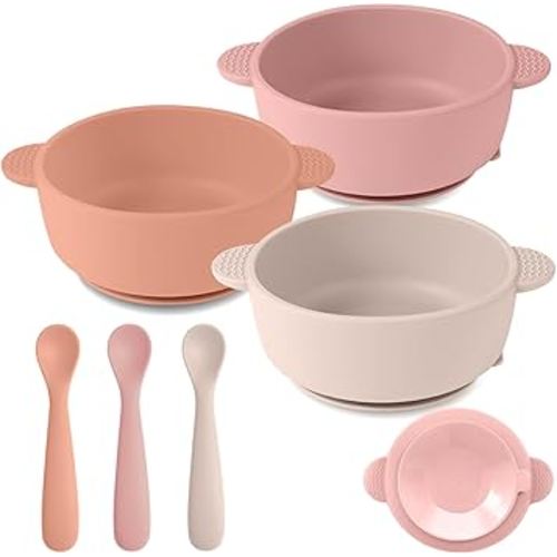 3 Pack Baby Bowls with Suction and 3 Pack Baby Spoons, BPA Free, Silicone Baby Feeding Set for Babies Toddler Kids, Microwave and Dishwasher Safe
