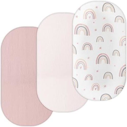 TansyPanda Muslin Bassinet Sheets for Munchkin Brica, 4moms MamaRoo, Nordmiex, Snoo Bassinet, Pack 3, 18 x 30 in, Ultra Soft, Breathable, Snug Fit, Unisex Boys and Girls, Pink Rainbow