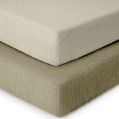 Standard Crib Sheets, Muslin Crib Sheets, 100% Cotton Crib Sheet Fitted, for Girls, Boys, 2 Pack, Muslin Crib Sheet for Standard Crib, 52x28 Crib Mattress Sheets | Olive and Ecru