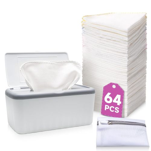 64 Pack Flannel Cloth Baby Wipes with Dispenser, Reusable, Skin-friendly, Washable Baby Wipes, Essential for Cloth Diapers