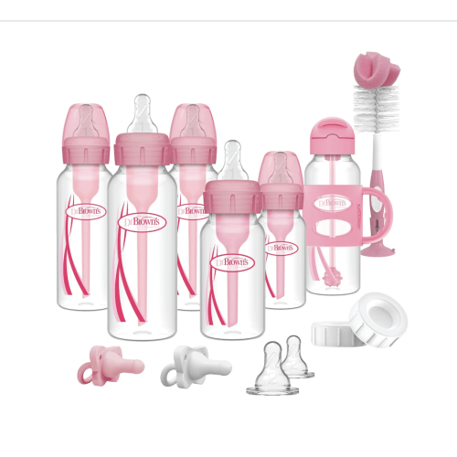 Dr. Brown's Anti-Colic Options+ Narrow Bottle Gift Set with Sippy Straw Bottle, HappyPaci Silicone Pacifiers, Storage/Travel Caps, and Bottle Brush, Pink