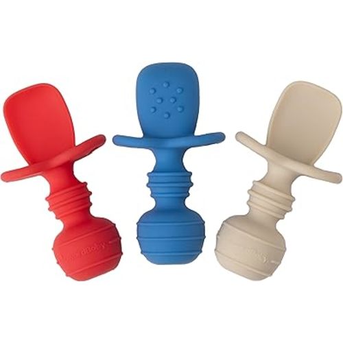 UpwardBaby 3 Pack Silicone Baby Feeding Spoons with Anti Choke Barrier - Baby Spoons Self Feeding 6 Months, First Stage Infant Supplies, Toddler Utensils, Baby Led Weaning Soft-Tip Training Spoons