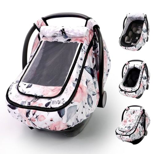 Car Seat Cover Baby Girls, Infant Car Seat Canopy Outdoor, 2 Layers with Mesh and Sun Shade Window for Summer Winter, Easy Access Carseat Covers Snug Fit Baby Stroller - Pink Floral