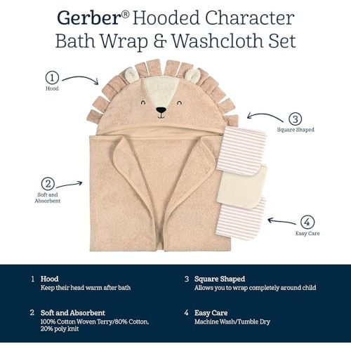 Gerber Baby 4 Piece Animal Character Hooded Towel and Washcloth Set, Brown Lion, One Size