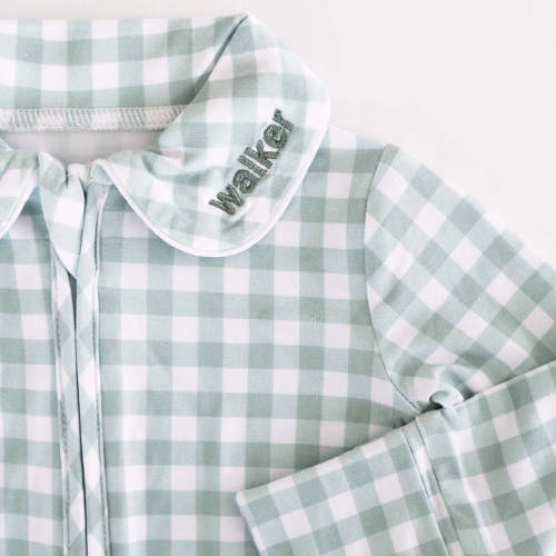 Peter Pan Collar Zipper Footie | Moss Gingham