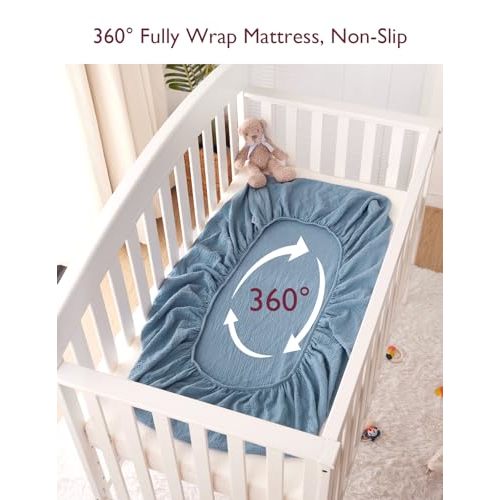 Momcozy Muslin Fitted Crib Sheet, 2 Pack Soft Breathable Natural Cotton 52"x28" Baby Mattress Sheet, 360° Mattress Wrapping No Slip Boys Girls Neutral Toddler Bed Sheet, Large, Coffee Red Beige