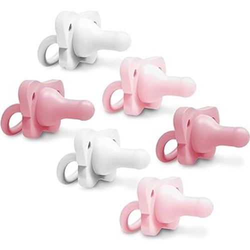 Dr. Brown's HappyPaci 100% Silicone Baby Pacifier, Contoured One-Piece Design, Pink, White, Light Pink, 0-6m, BPA-Free, 6 Pack