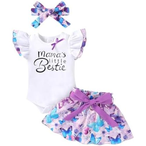 Happy Town Baby Girl Romper Shirts Bestie Skirt Set Floral Outfits with Headband Infant Summer Clothes 3M-24M