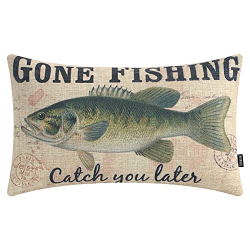 TRENDIN Gone Fishing Pillow Cover 20x12 Inch Retro Lakeside Decor Cushion Cover Oblong Pillowcase for Sofa Couch Linen PL1019TR