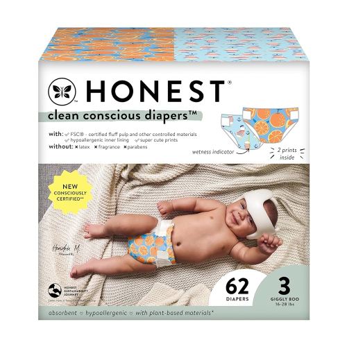 The Honest Company Clean Conscious Diapers for Sensitive Skin | Hypoallergenic, Fragrance Free | Gender Neutral Prints | Club Box, Size 3 (16-28 lbs), 62 Count (Prints May Temporarily Vary)
