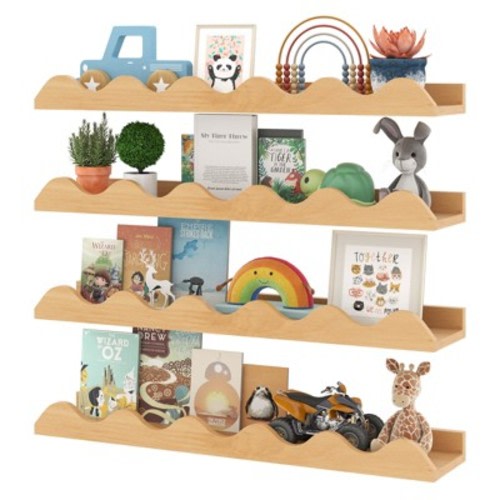 Costway Kids Bookshelf Set of 4 with Fir Wood Structure & Wavy Anti-Falling Edge