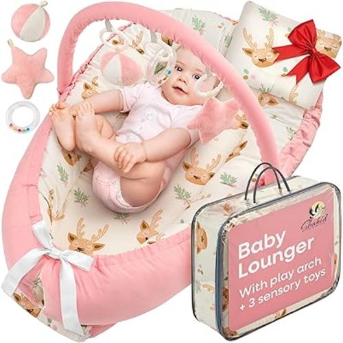 Portable Baby Play Lounger for Supervised Floor Time w/Removable Toy Arch & 3 Toys - Padded Play Area, Breathable Cotton Cover, Travel-Friendly - Awake-Time Only | 0-24 Months (Pink)